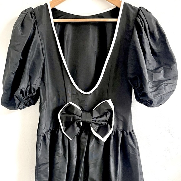 Vintage Handmade Black Bow Deep V Formal Prom Party 80s Dress Kate Spade style - Picture 2 of 8